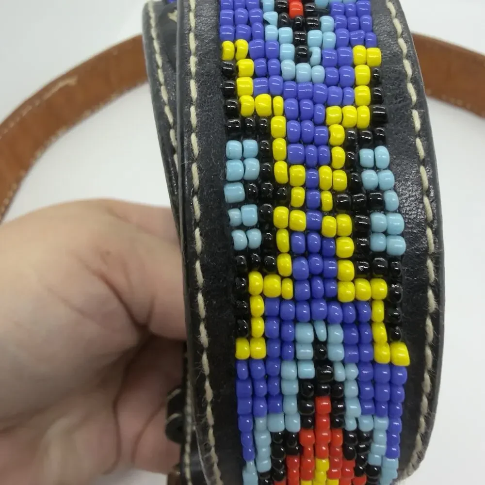 Vintage Beaded Leather Belt SouthWestern Black Sz 30 Native American Handmade